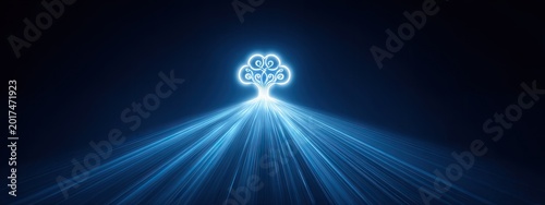Luminous blue tree-shaped symbol emits radiant light rays against dark background