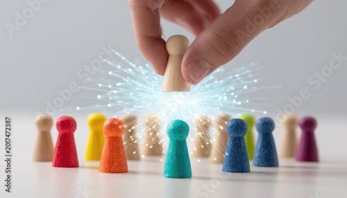 A hand selects a single wooden pawn from a colorful group, emanating light