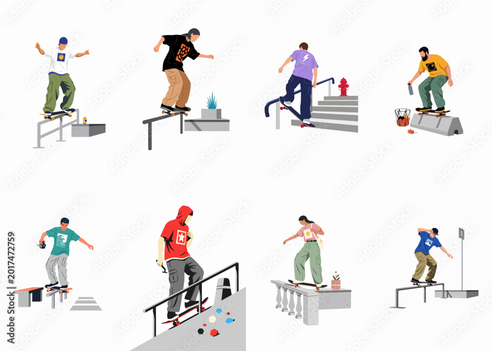 Fototapeta premium Set of diverse skateboarders performing tricks on urban elements like handrails and ledges, minimalist flat vector illustration.