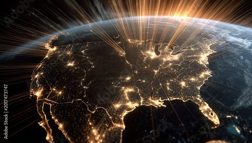 Digital lights pulse across illuminated continent, energy bursts from horizon
