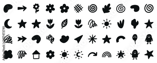 Abstract doodle shape icon set, stars flowers arrows moons and organic decorative symbols isolated on transparent background