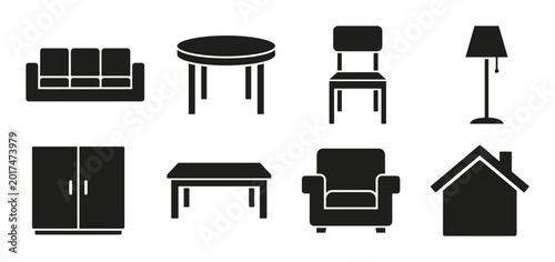 Bild auf Leinwand Home furniture silhouette icon set, sofa chair table lamp cabinet and house symb