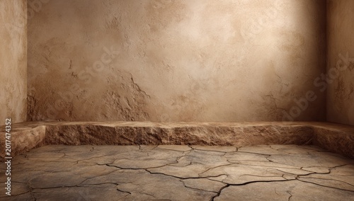 Ancient, cracked earth floor meets rough, textured stone walls