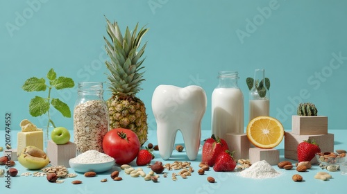 Assortment of healthy foods, natural ingredients, and a large tooth model