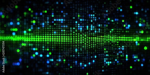 Abstract digital pattern of glowing green and blue squares and circles on black