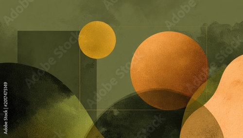 Abstract organic shapes with warm circles overlaying muted green background