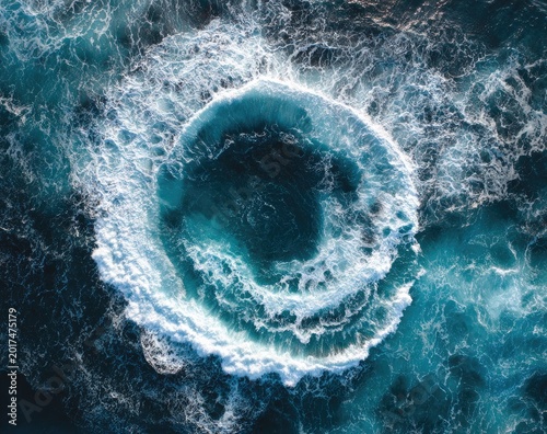 Aerial view of swirling ocean water creating a whirlpool effect