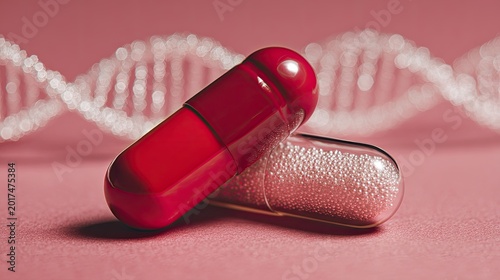 Red and clear capsules lie on pink surface with DNA helix in background