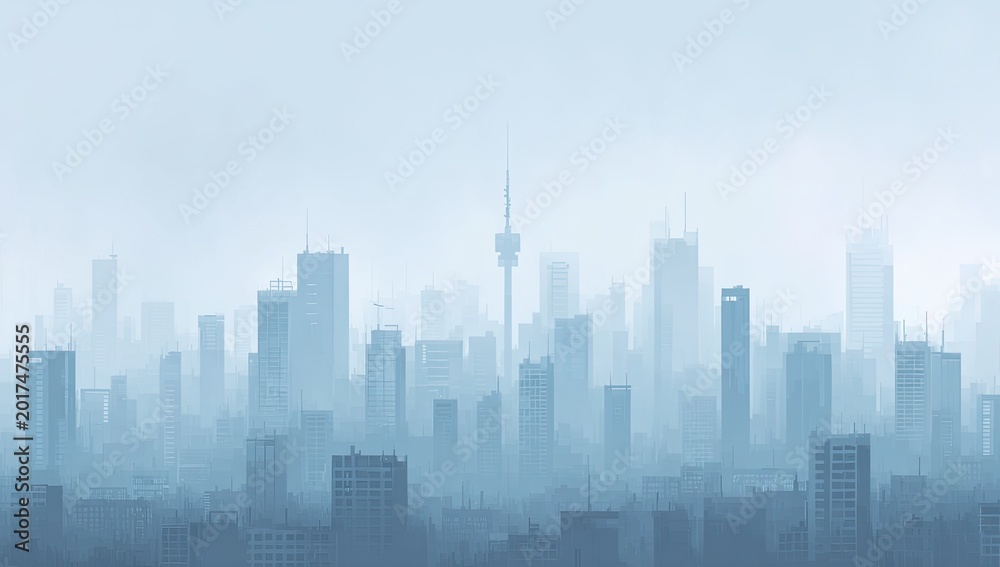 Fototapeta premium Vast urban cityscape shrouded in atmospheric haze, creating a monochromatic panorama
