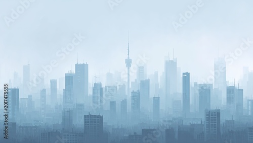 Vast urban cityscape shrouded in atmospheric haze, creating a monochromatic panorama