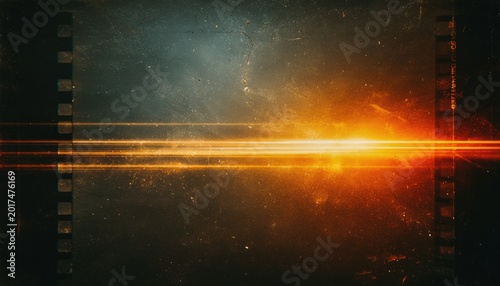 Fiery light streak across distressed vintage film strip, glowing intensely