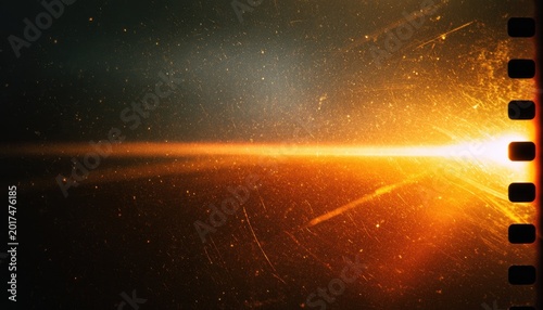 Abstract cinematic film strip with bright lens flare and scratches