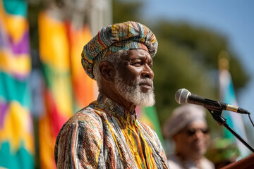 African American community leader speaking at Juneteenth celebration event about freedom and emancipation