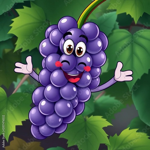 Vector illustration of a cartoon grape with a smiling face and arms, surrounded by leaves, grape, ||cartoon fruit