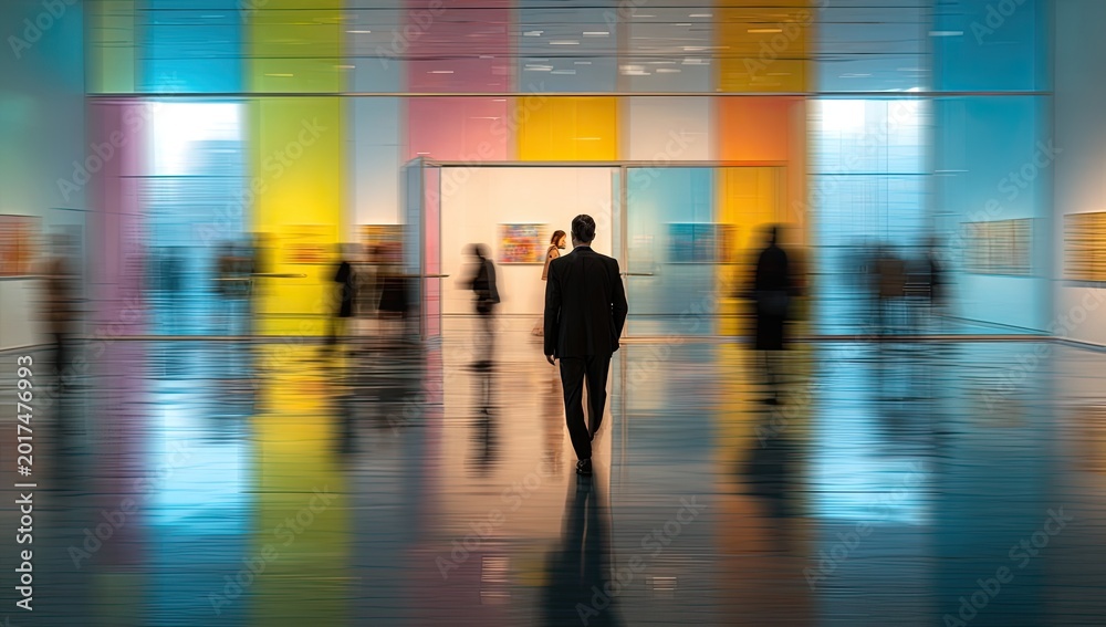 Fototapeta premium A lone figure walks through a brightly colored, modern art gallery exhibition