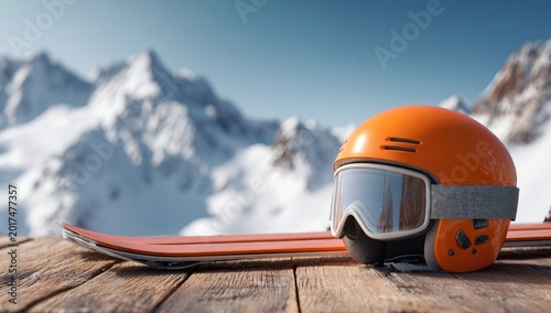 Orange helmet and skis rest on a wooden table, snowy mountains beyond