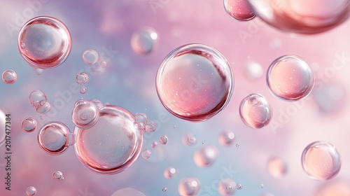 Translucent, iridescent spheres float against a soft, rosy, cloudy sky