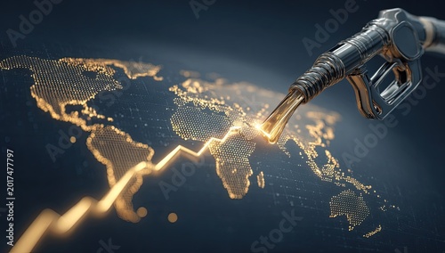 A futuristic depiction of a fuel nozzle pouring liquid gold over a glowing world map