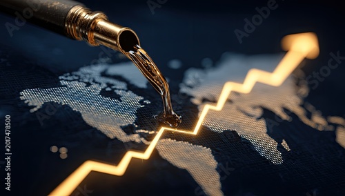 Liquid fuel pours over world map, superimposed by rising orange arrow graph