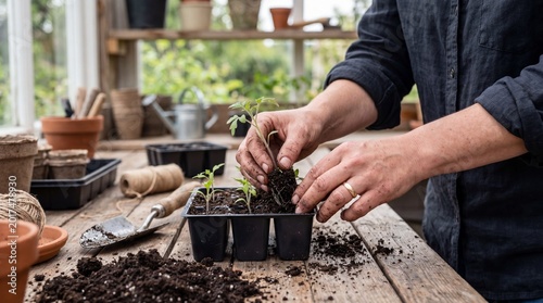 Close up of hands transplanting seedlings into seed tray with potting soil and gardening tools for planting tutorial and home propagation guide