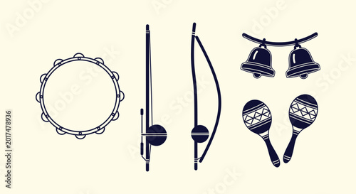 Foto Vector Collection of Musical Instruments Icons featuring Tambourine Berimbau Mar