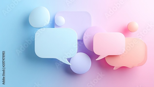 Soft, rounded speech bubbles in pastel colors float on a gradient background