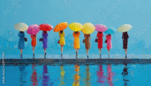 Vibrant figures with colorful umbrellas reflect on a wet, blue surface