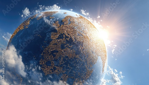 Radiant globe illuminated by sun, dotted with glowing cities against cloudy sky