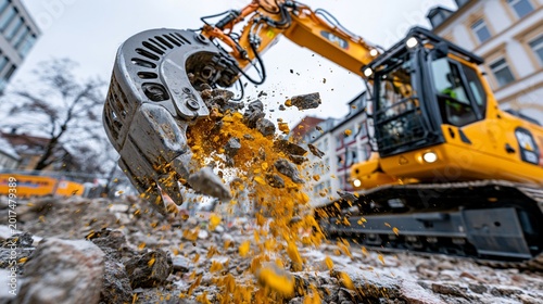 Ein gelber Bagger mit Fräskopf bearbeitet bei einem Straßenbauprojekt im städtischen Bereich das Erdreich.