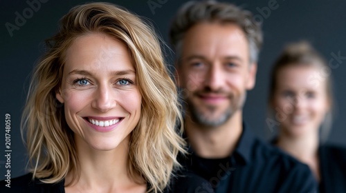 Eine lächelnde blonde Frau steht im Vordergrund, während zwei weitere Personen unscharf im Hintergrund zu sehen sind, alle in dunkler Kleidung.