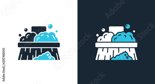 Tableau sur toile Cleaning brush icon with suds and bubbles in blue and dark gray on white, and white and blue on dark gray on two-tone background
