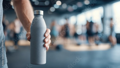 Man holding a reusable water bottle in a gym setting.