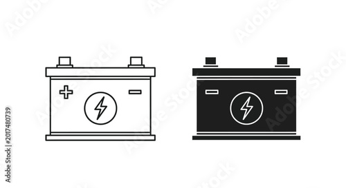 Billede på lærred Car battery icon with a lightning bolt symbol in outline on white and filled black on a black background, on a two-tone background