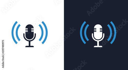 Photos Podcast microphone icon with sound waves in blue and dark gray on white, and white and blue on dark gray, on a two-tone background