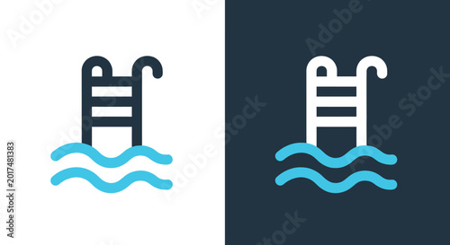 Set of flat icons representing swimming pool ladder and wavy water on white and dark background.