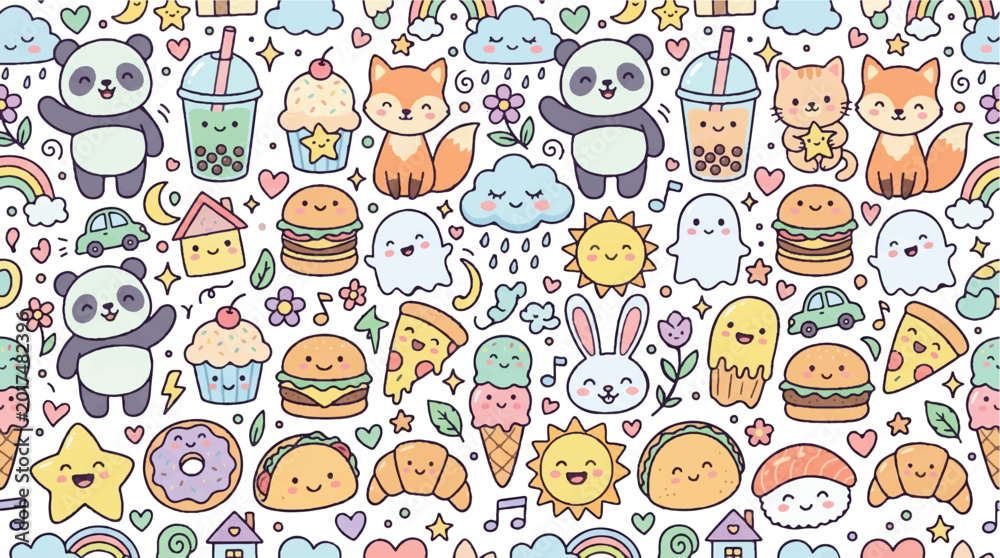 Fototapeta premium Colorful illustration of cute animals food and decorative elements
