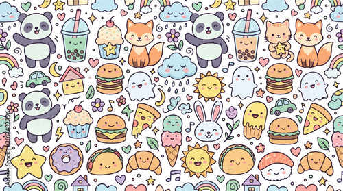 Colorful illustration of cute animals food and decorative elements