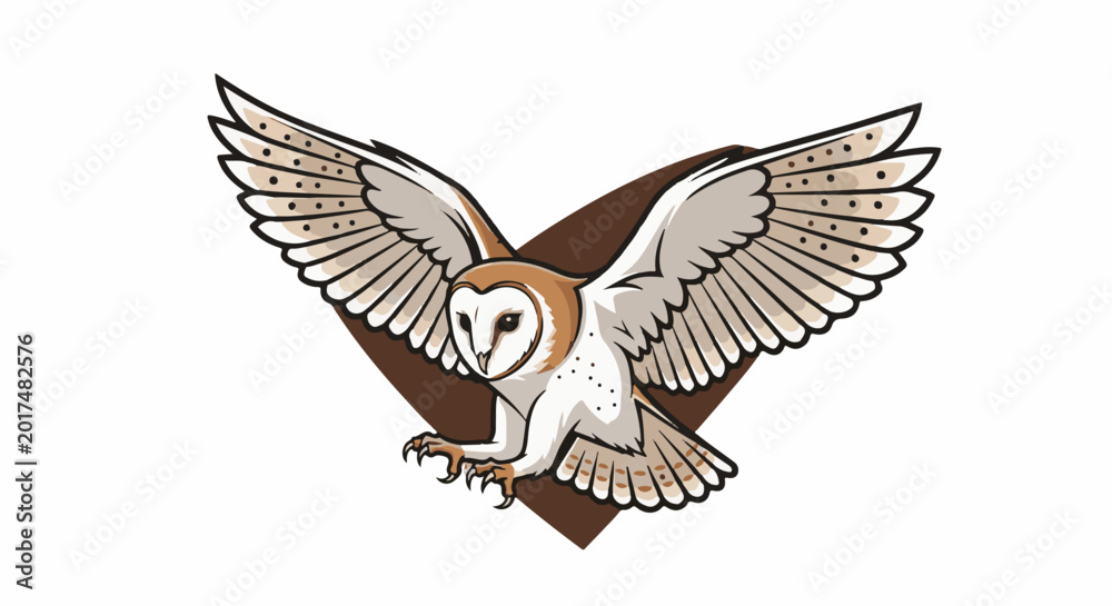 Obraz premium Barn owl in flight, wings spread wide, light brown and white feathers, brown markings