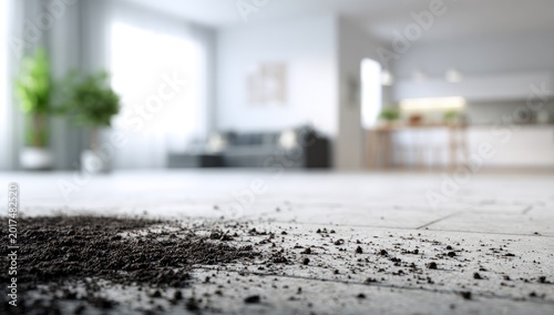 Close-up of dirt spilled on a clean wooden floor in a modern home.