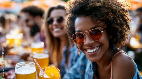 Eine lachende Frau mit Sonnenbrille hält ein Bierglas auf einer belebten Sommerveranstaltung im Freien.