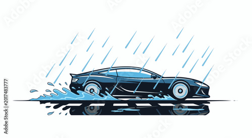 Sleek dark car splashes through rainwater on a white background