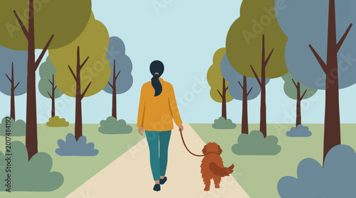 Obraz na płótnie Woman Walking Dog on Leash in a Stylized Park Illustration