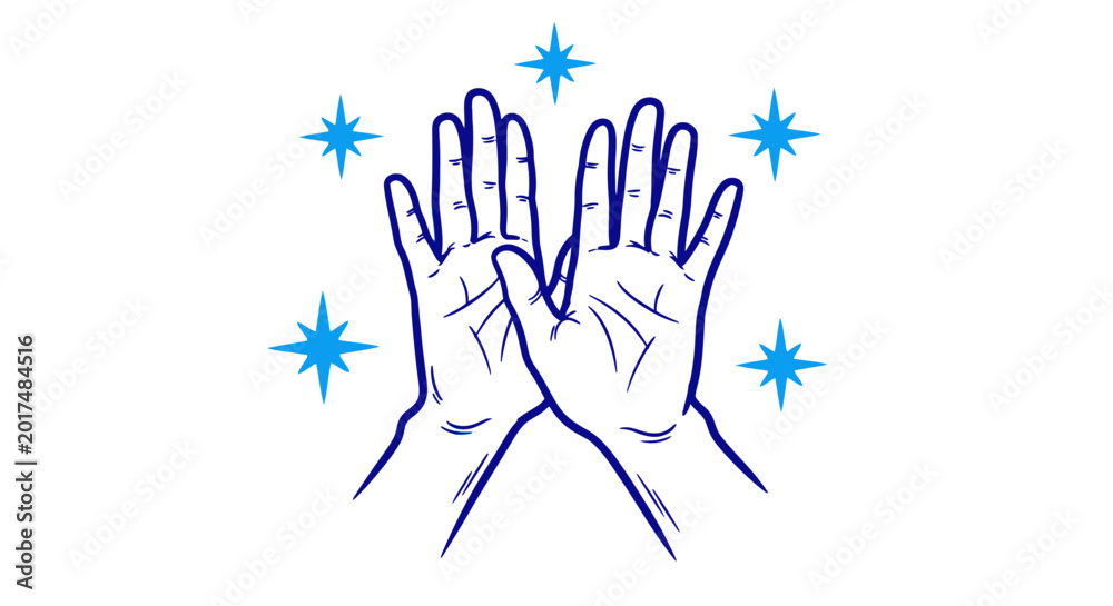 Fototapeta premium Clean hands line art vector, hygiene and sanitization concept with sparkling stars, blue outline of human palms for health and safety branding