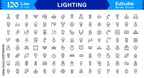 Konstfotografi Lighting Equipment and Fixture Icons – Professional Line Icon Set with Minimal a