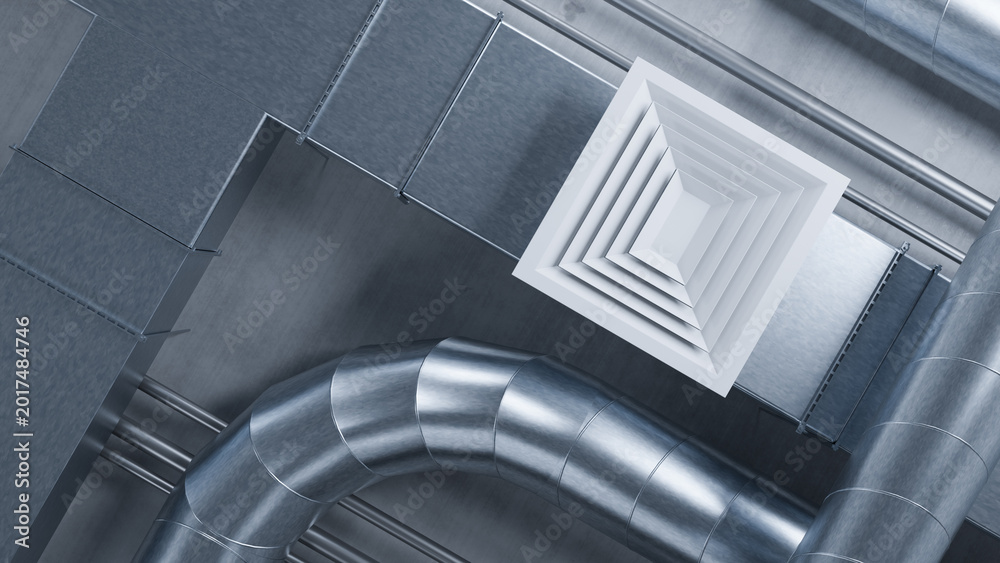 Fototapeta premium Ventilation engineering, HVAC system. Metal air ducts and ceiling diffuser installed in building, обеспечивают airflow distribution и поддерживают indoor climate control.
