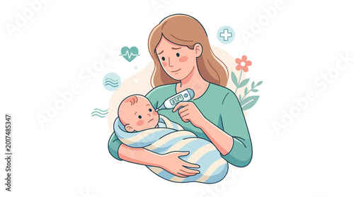 A smiling mother gently uses a digital thermometer to check the temperature of her happy, swaddled baby, surrounded by subtle icons of health and wellness in a soft, pastel-colored illustration.