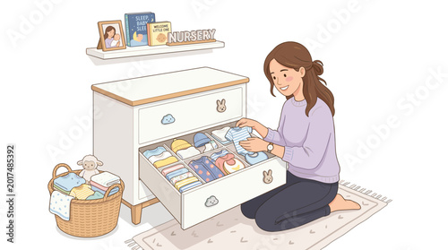 A woman kneels by a dresser, carefully organizing clothes and baby items within an open drawer, showcasing meticulous preparation and order.