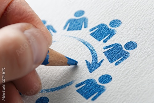 Hand drawing blue figures in circle, one person moves to center