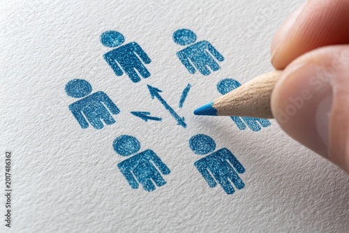 Blue pencil draws connections between stick figures in a circle on paper