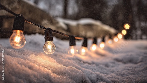 String lights glow warmly over fresh snowfall, creating a cozy winter ambiance
